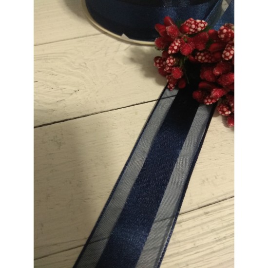 Лента органза с атласом 2,5 см цв. темно-синий, цена за 1 м